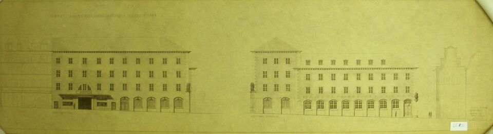 Datei:Ernst Dobler (* 15. Oktober 1875 in Ludwigsburg; † 12. April 1966 in Stuttgart), Architekt in Pforzheim, Projekt "Handels- und Gewerbebank Heilbronn Vorschlag III" in Heilbronn, Fassade Allee und Kaiserstraße.jpg