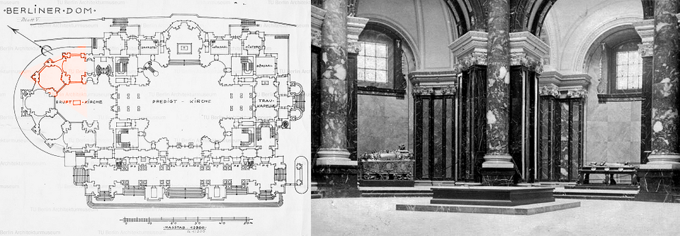 Datei:Gruft- und Denkmalskirche im Berliner Dom, Grabdenkmäler für Friedrich Wilhelm und Dorothea (links, Nordosten) und Grabdenkmal für den Kurfürsten Johann Cicero (rechts, Osten).png