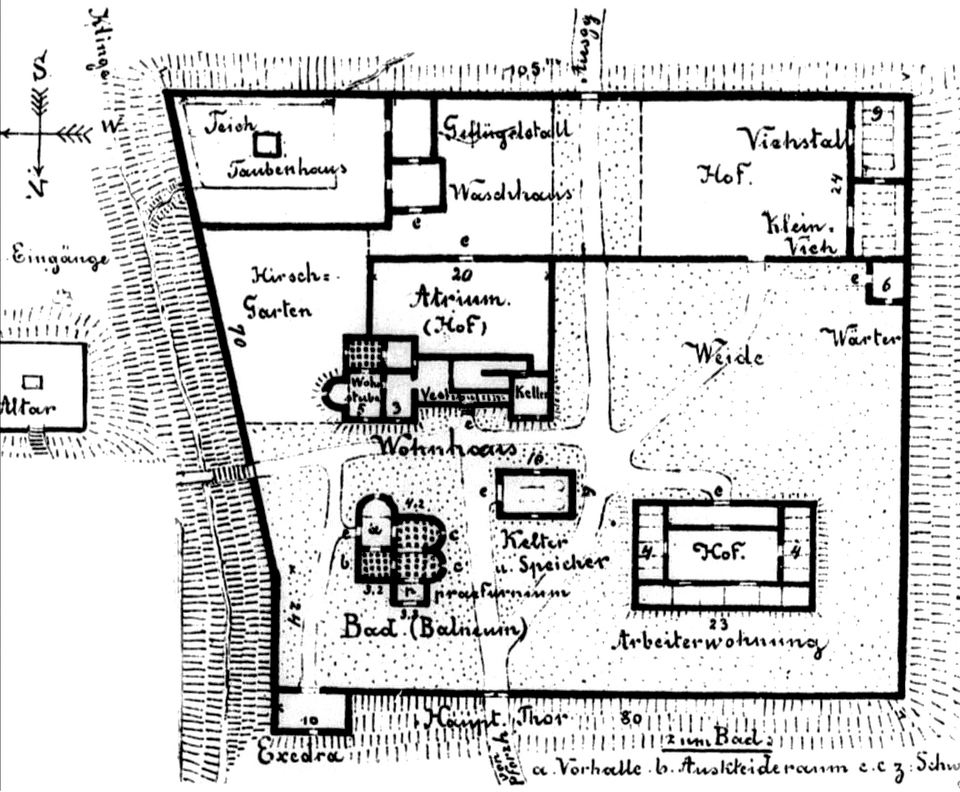 Datei:Julius Ernst Naeher (geb. 1.4.1824 in Pforzheim; gest. 18.2.1911 in Tolkewitz bei Dresden), Zeichnung der Villa Rustica in Pforzheim.png