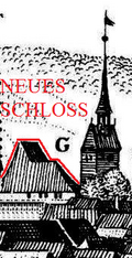 Pforzheim-1643-Merian, Ausschnitt mit dem Neuen Pforzheimer Schloss (1537-1689).